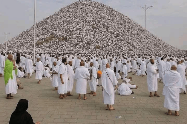 Hajj pilgrims gathered at Jabal-al-Rahmah on the Plain of Arafat during the Day of Arafah in Saudi Arabia.