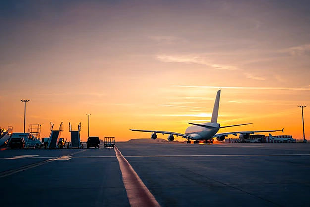 Commercial airplane on the airport apron at sunset, preparing for departure of Umrah