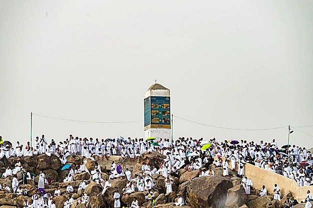 Hajj pilgrims gathered at Jabal al-Rahmah in Arafat during the Day of Arafah, one of the most important rituals of Hajj.