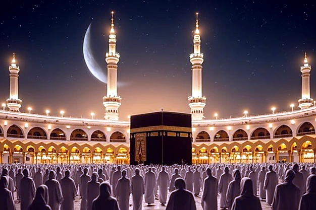 Night view of the Kaaba at Masjid Haram in Makkah with Muslim pilgrims gathered for worship during their Umrah and Hajj pilgrimage.