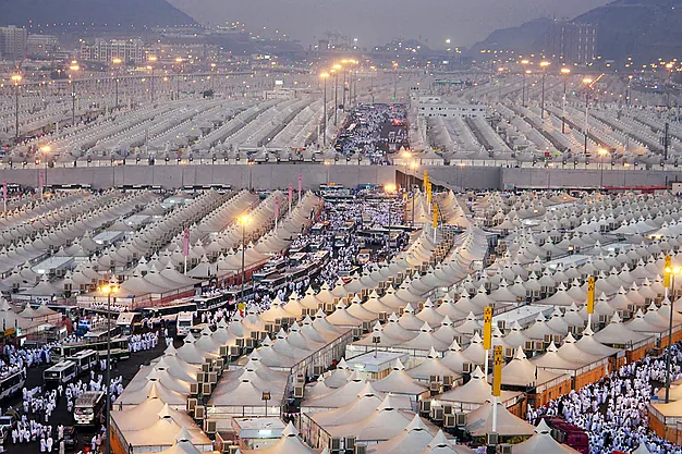 Rows of Mina tents accommodating Hajj pilgrims during the annual pilgrimage near Makkah, Saudi Arabia.