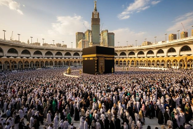 Kaaba surrounded by pilgrims offering Salah at Masjid-al-Haram in Makkah.