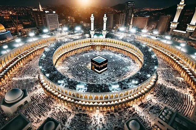 Aerial night view of the Holy Kaaba at Masjid-al-Haram with thousands of pilgrims performing Tawaf