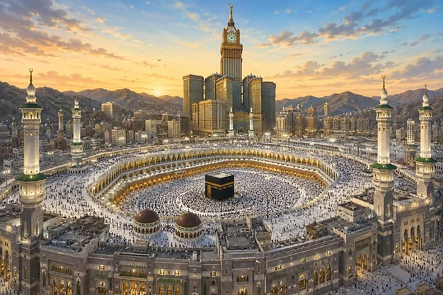 Panoramic sunset view of the Holy Kaaba at Masjid Haram with the Abraj Al Bait Clock Tower and thousands of Muslim pilgrims performing Tawaf in Makkah