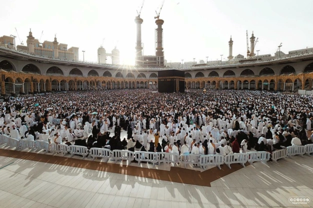 Thousands of Muslim pilgrims gathered around the Holy Kaaba in Makkah, Saudi Arabia during Hajj and Umrah pilgrimage.