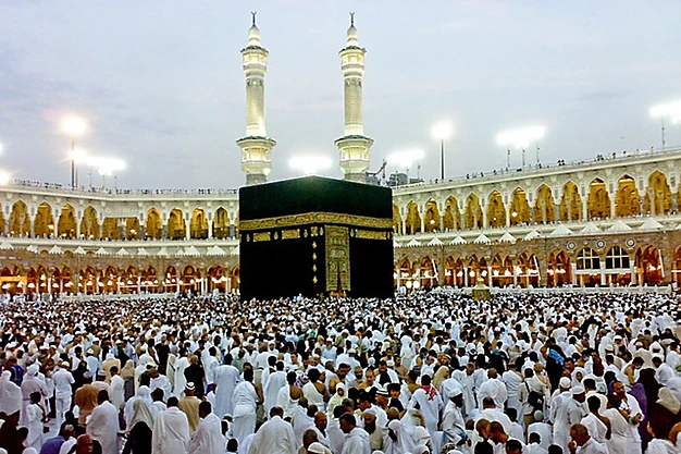 Muslim pilgrims gathered around the Kaaba at Masjid-al-Haram in Makkah during their Umrah pilgrimage at the Grand Mosque.
