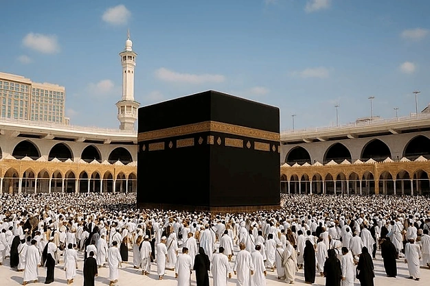 Umrah pilgrims circling the Holy Kaaba as part of the Tawaf ritual at Masjid-al-Haram in Makkah.