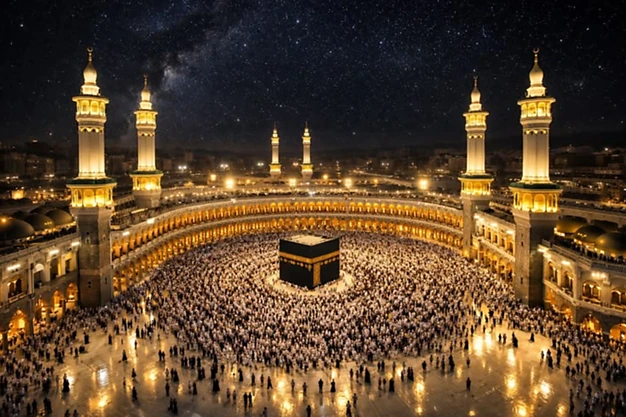 Panoramic night view of the Kaaba surrounded by pilgrims performing Tawaf at Masjid al-Haram in Makkah.