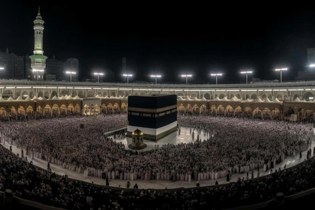 Panoramic night view of the Kaaba at the center of Haram surrounded by worshippers performing Tawaf beneath bright courtyard lights and illuminated minarets.