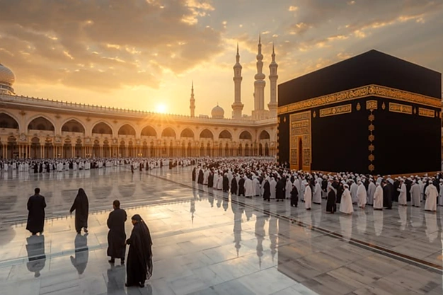 Pilgrims offering Salah beside the Kaaba at Masjid al-Haram during a golden sunrise in Makkah.
