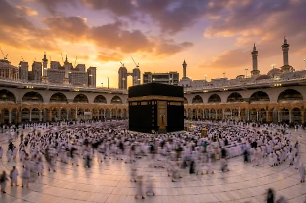 Pilgrims performing Tawaf around the Holy Kaaba at Masjid e Haram during sunset in Makkah
