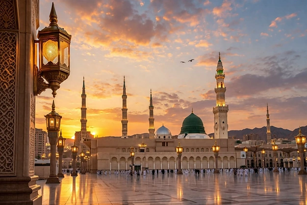 Sunset view of Masjid-an-Nabawi in Madinah, Saudi Arabia featuring the iconic Green Dome, illuminated minarets and worshippers in the mosque courtyard.
