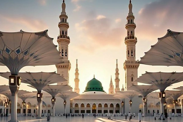 Low-angle side view of the Green Dome between two minarets with open courtyard umbrellas at Masjid-e-Nabawi.