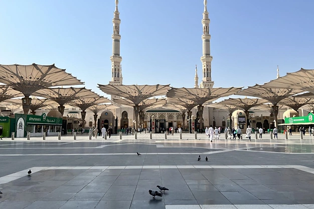 Giant open umbrellas covering the courtyard of Masjid-e-Nabawi in Madinah, Saudi Arabia.