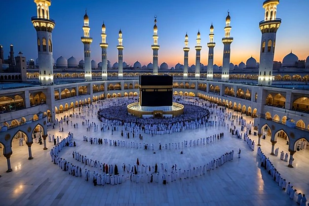 Muslim pilgrims performing Tawaf around the Holy Kaaba at Masjid-al-Haram in Makkah, Saudi Arabia during Hajj and Umrah at dusk.