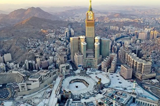 Aerial view of Makkah Clock Tower overlooking Masjid al Haram and the Holy Kaaba in Makkah, Saudi Arabia.