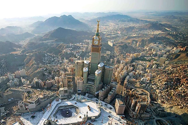 Aerial view of Makkah Clock Tower and the Holy Kaaba in Makkah, Saudi Arabia.