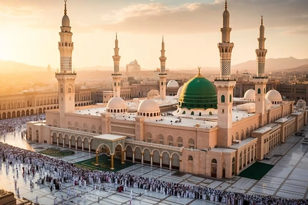 Al Masjid-an-Nabawi featuring the iconic Green Dome and towering minarets with pilgrims gathered for prayer.