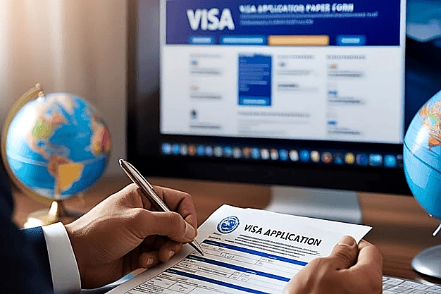 Filling visa application form while viewing an online visa portal on a computer, representing the Umrah visa application process